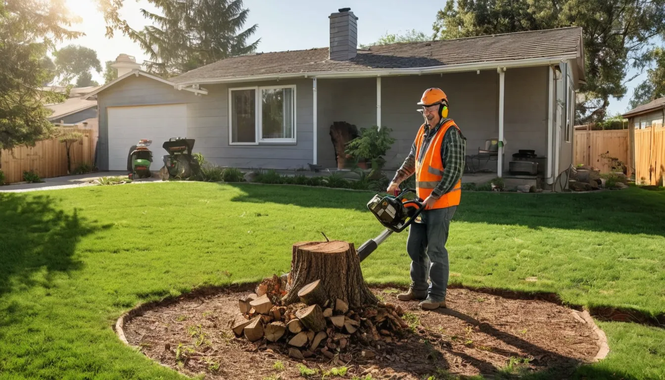 Provider grinding an old tree stump in a East St. Louis backyard while a homeowner watches from a safe distance